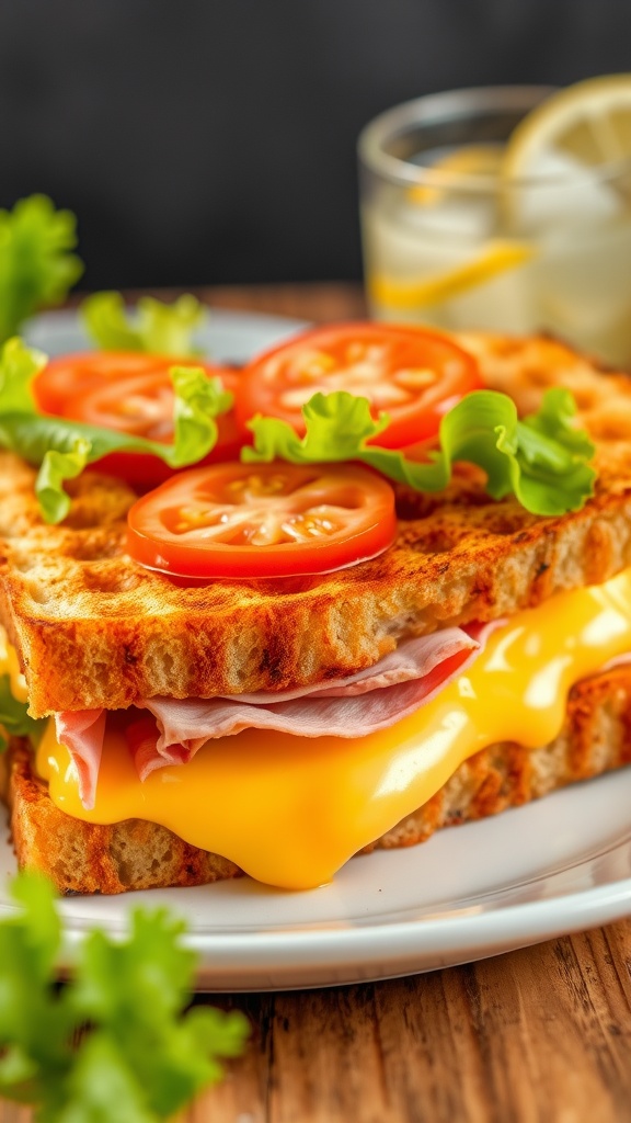 A grilled ham and cheese sandwich with lettuce and tomato on a plate beside a glass of lemonade.